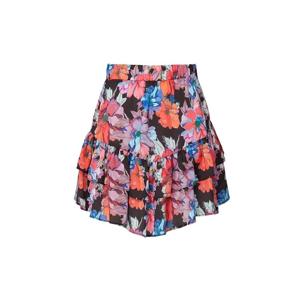 LoboRosa Floral Mini Skirt in Black Small Womens Floral Satin Tiered